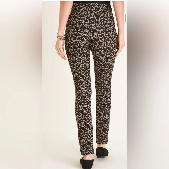 Women’s Slim-Fit Patterned Ankle Pants - Black/Gold Print. Chico’s size 12 - Picture 2 of 6